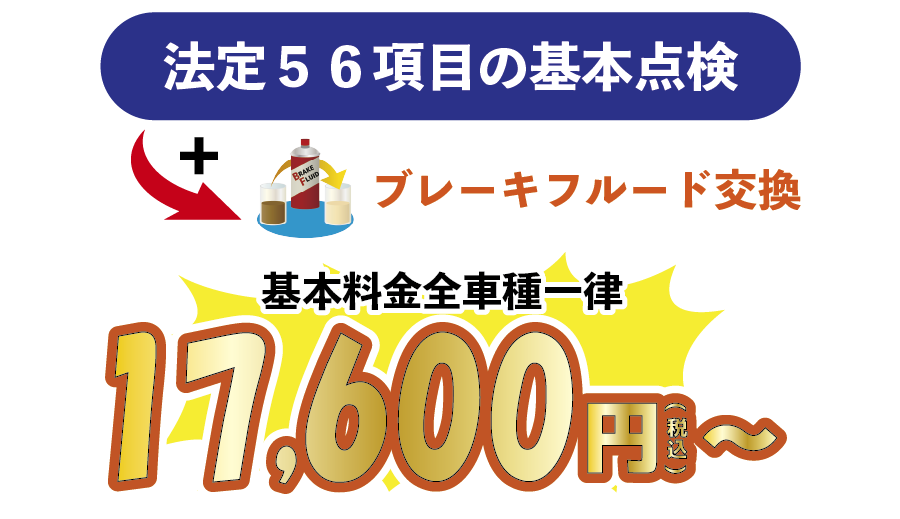 法定５６項目の基本点検
＋ブレーキフルード交換
基本料金全車種一律１７６００円～